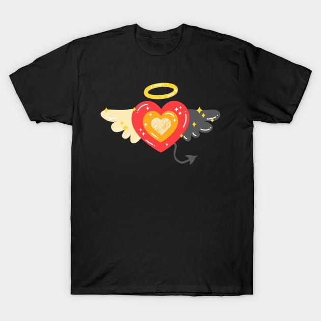 Cute Kawaii Angel Wing and Demon Wing Hearts with Halo T-Shirt by OrionLodubyal